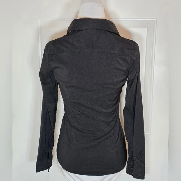 French Kiss Black Button Up Collared Top Cuffed Sleeves - Picture 3 of 8